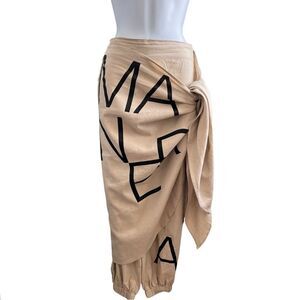 MODOMIO Chic Boho Beige Linen Pants with Wrap Skirt Overlay, Size Small